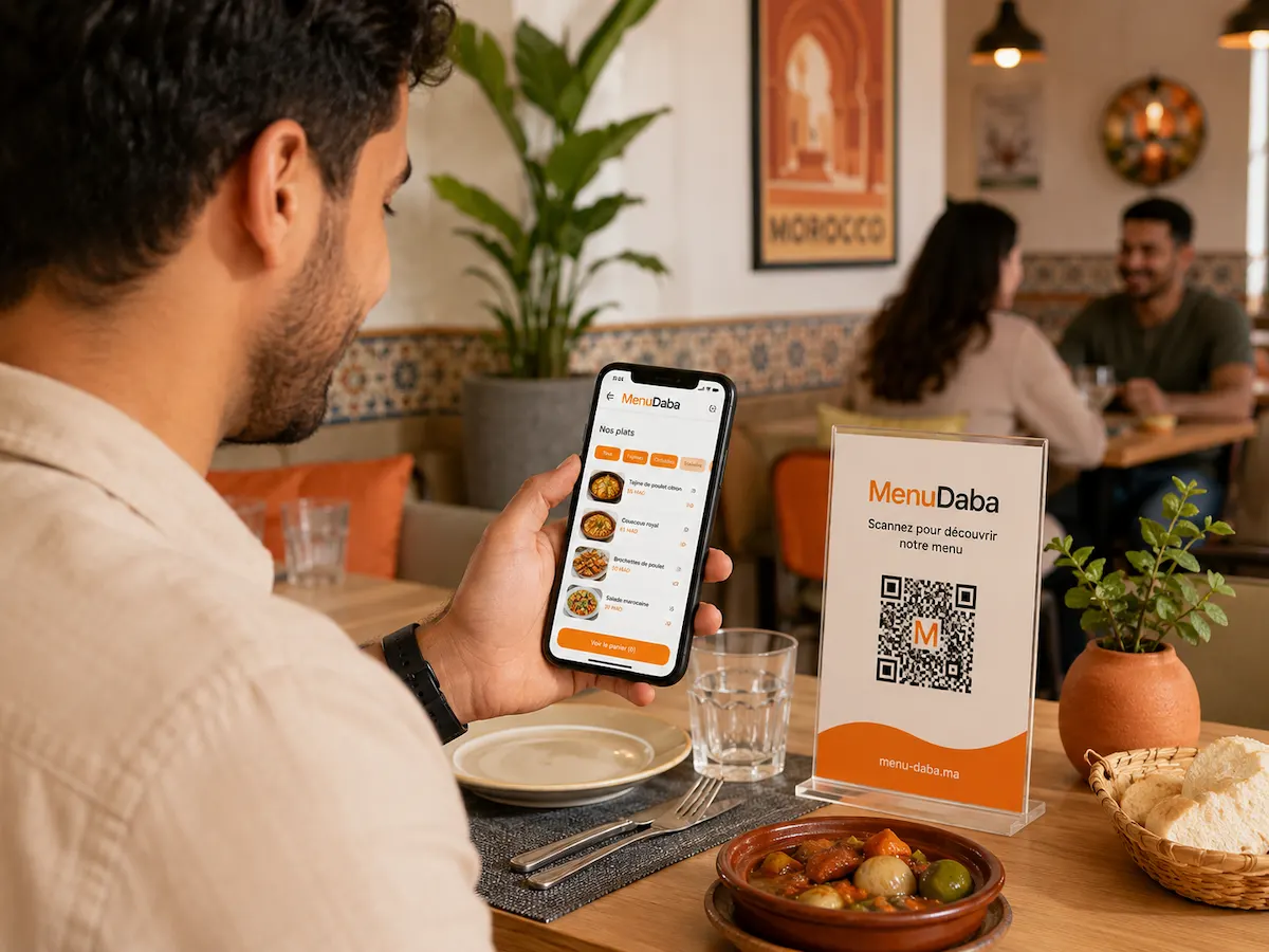 Client qui consulte le menu QR MenuDaba sur son téléphone